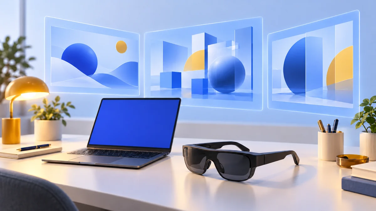 Conceptual editorial illustration of a laptop workspace and virtual screens viewed through display glasses