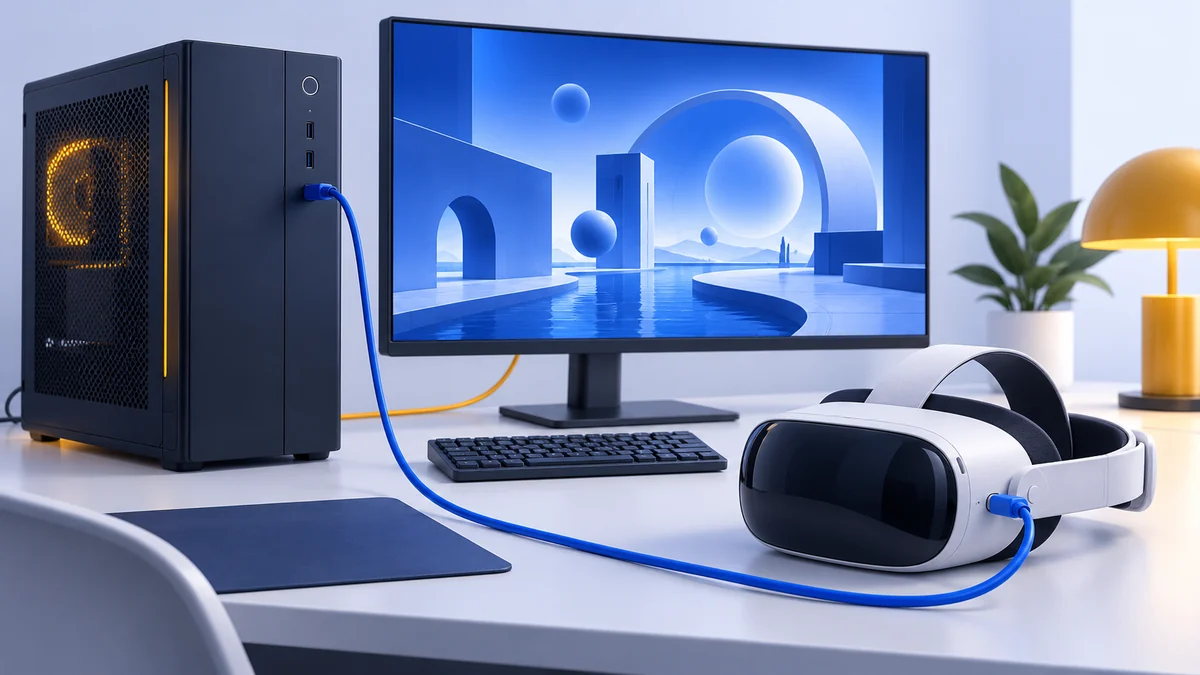 Conceptual editorial illustration of a VR headset connected to a gaming PC and local wireless router