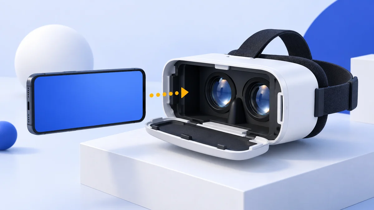 Editorial illustration of a smartphone and an optical phone VR viewer