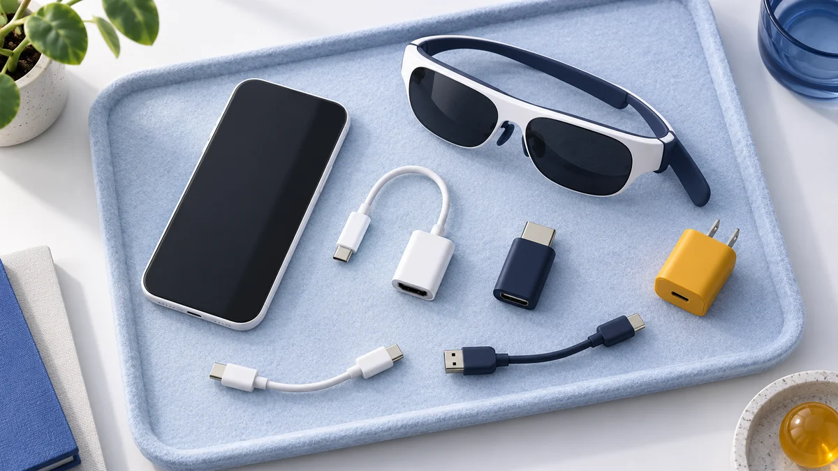 Concept illustration of display glasses, a phone, video adapters, short cables and a charger arranged on a pale blue tray