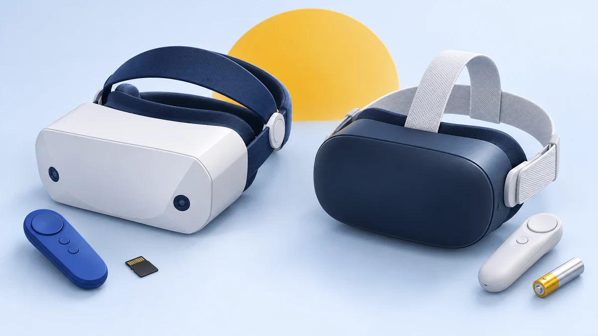 Concept illustration of two standalone VR headsets with different straps, pointer remotes, a memory card and an AA battery.