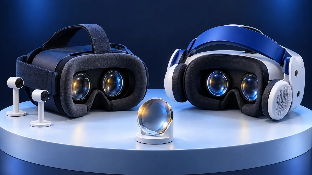 Concept illustration of two VR headset interiors with convex lenses, contrasting straps and ear pads, external sensor posts and a separate glass lens.