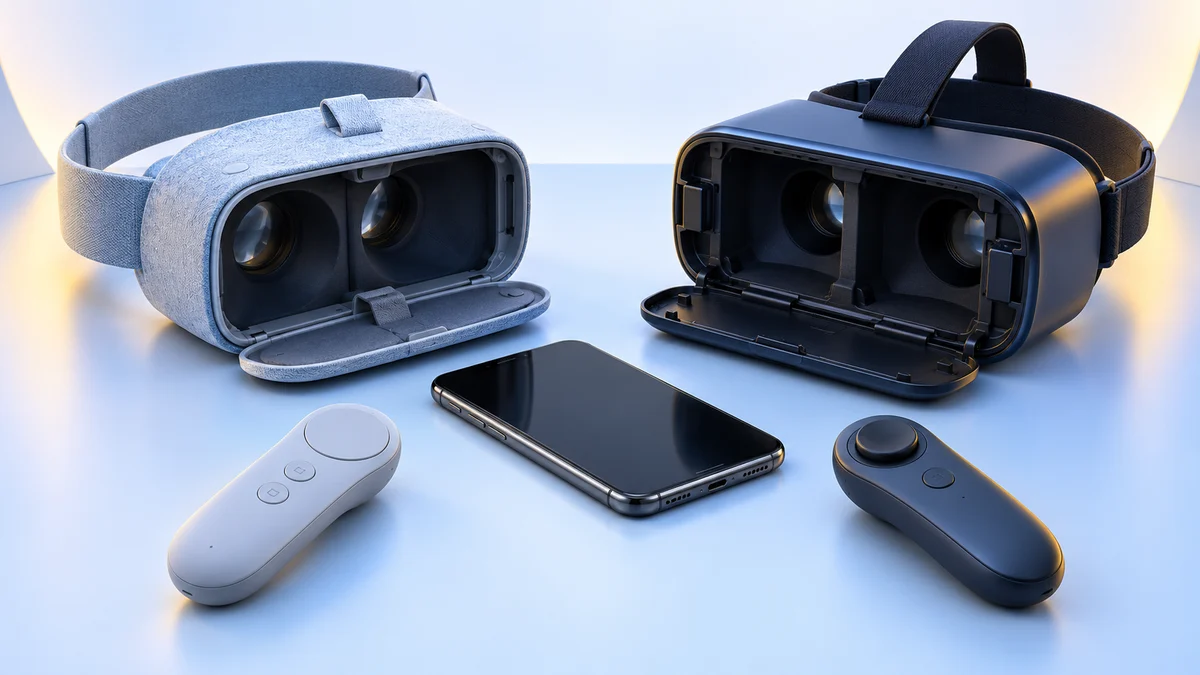 Concept illustration of two open phone VR viewers with fabric and hard-shell exteriors, a detached smartphone and two pointer remotes.