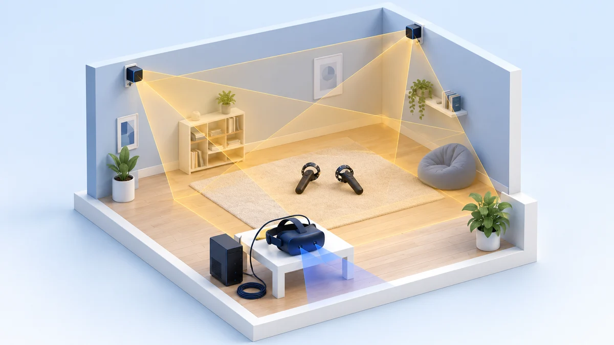 Concept illustration of a cutaway VR playroom with two corner tracking beacons, ring controllers and a tethered headset projecting a blue forward camera cone.
