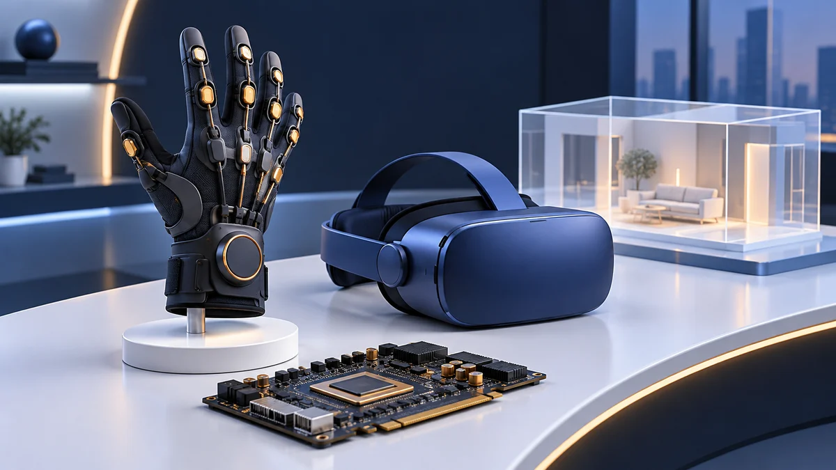 Concept illustration of a VR prototype workbench with a haptic glove, graphics board, headset and translucent architectural room model.