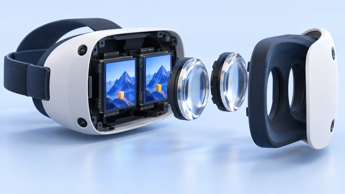 Concept illustration of an exploded VR headset with two stereoscopic display panels, clear optical lenses and a separated padded housing.