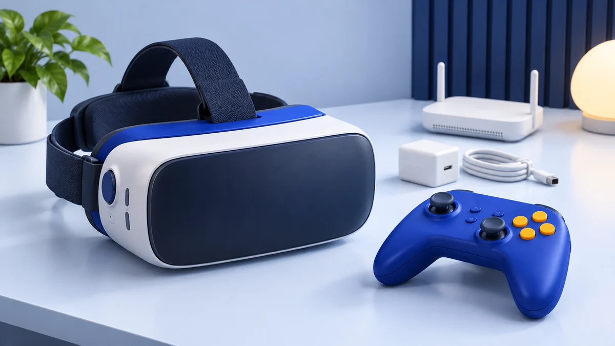 Concept illustration of a standalone VR visor beside a blue gamepad, white charging adapter, coiled cable and wireless router.