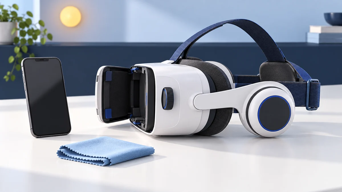 Concept illustration of a phone VR viewer with an open compartment, large integrated earphone and fabric straps beside an upright phone and folded cleaning cloth.
