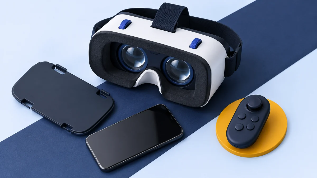 Concept illustration of adjustable twin lenses in a phone VR viewer, a removable light-shield plate, a phone and a separate joystick remote on an amber support.