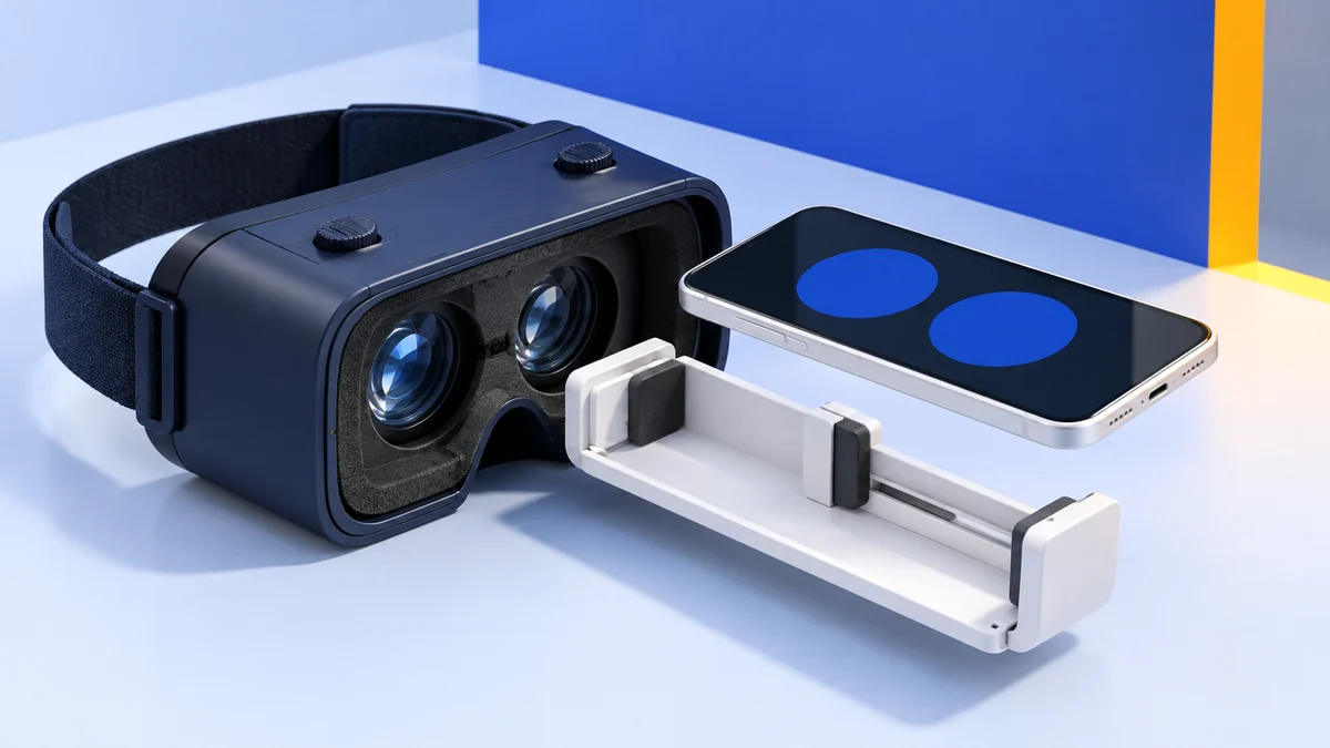 Concept illustration of a navy phone VR viewer with separate focus dials beside an extracted white phone cradle and a hovering phone displaying two abstract blue circles.