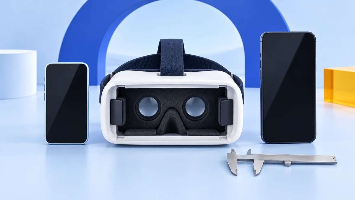 Concept illustration of an empty white phone VR viewer between a compact phone and a larger phone, with an unmarked measuring caliper in front of a cobalt arch.