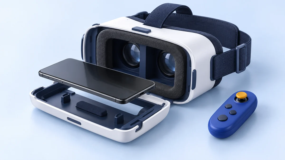 Concept illustration of an open white phone VR viewer with a smartphone above its tray and a separate blue remote with an amber joystick.
