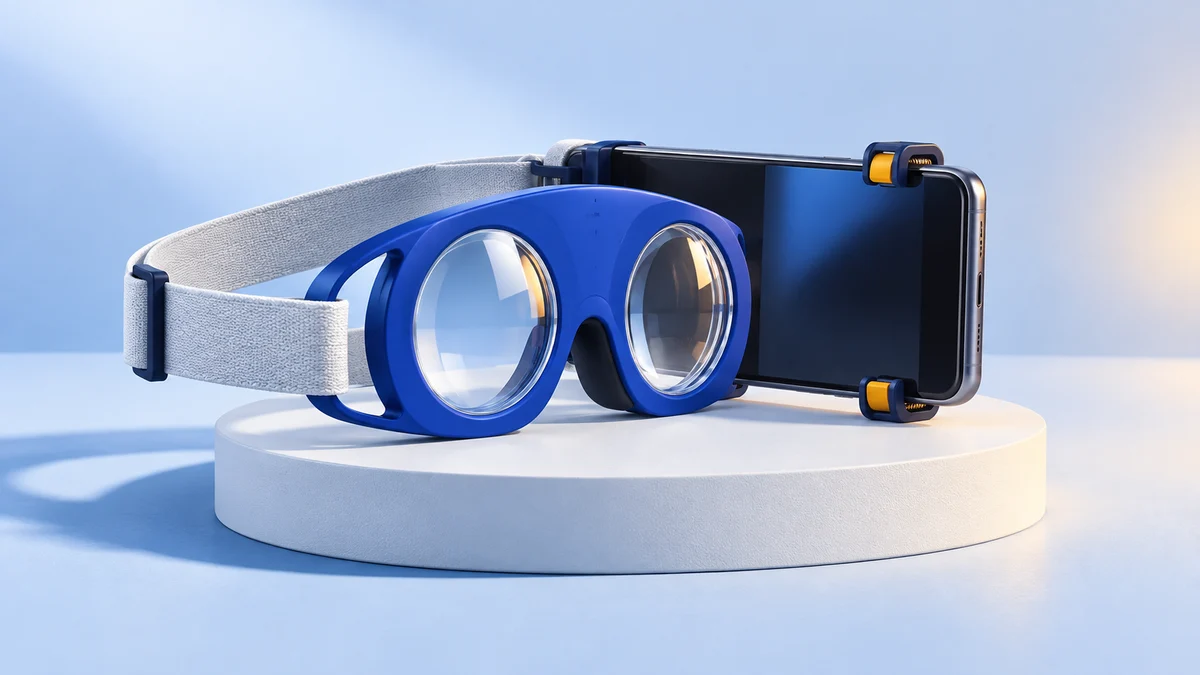 Concept illustration of a blue open-frame phone VR viewer with clear circular lenses, a white fabric strap and a smartphone held by centering clips.