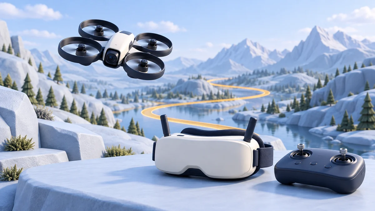 Concept illustration of a protected-rotor FPV drone above a miniature valley, with dedicated goggles, a flight controller and an amber flight path.