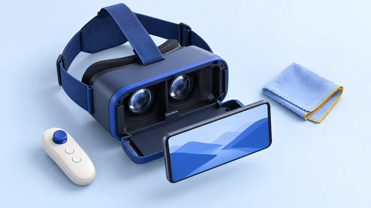 Concept illustration of an open phone VR viewer with fixed lenses, a landscape phone, a small wireless remote and a folded cleaning cloth.