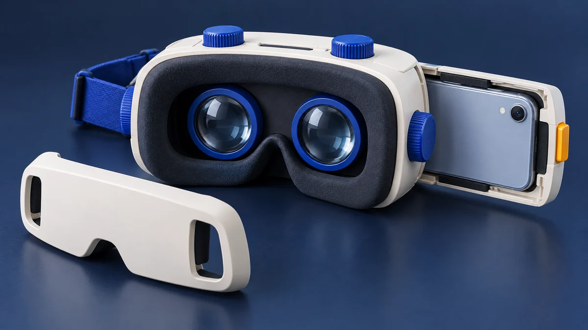 Concept illustration of a phone VR viewer with blue lens adjustment dials, an extended phone tray exposing the camera and a removed faceplate.