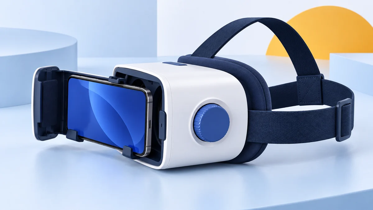 Concept illustration of a phone VR viewer with its front tray open, a smartphone, a blue lens-adjustment dial and fabric head straps.