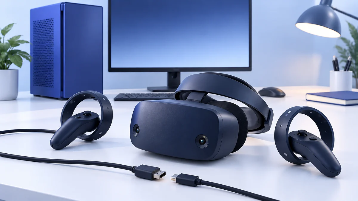 Concept illustration of a halo-band PC VR headset and two ring controllers on a desk beside unplugged cables and a computer with an inactive screen.