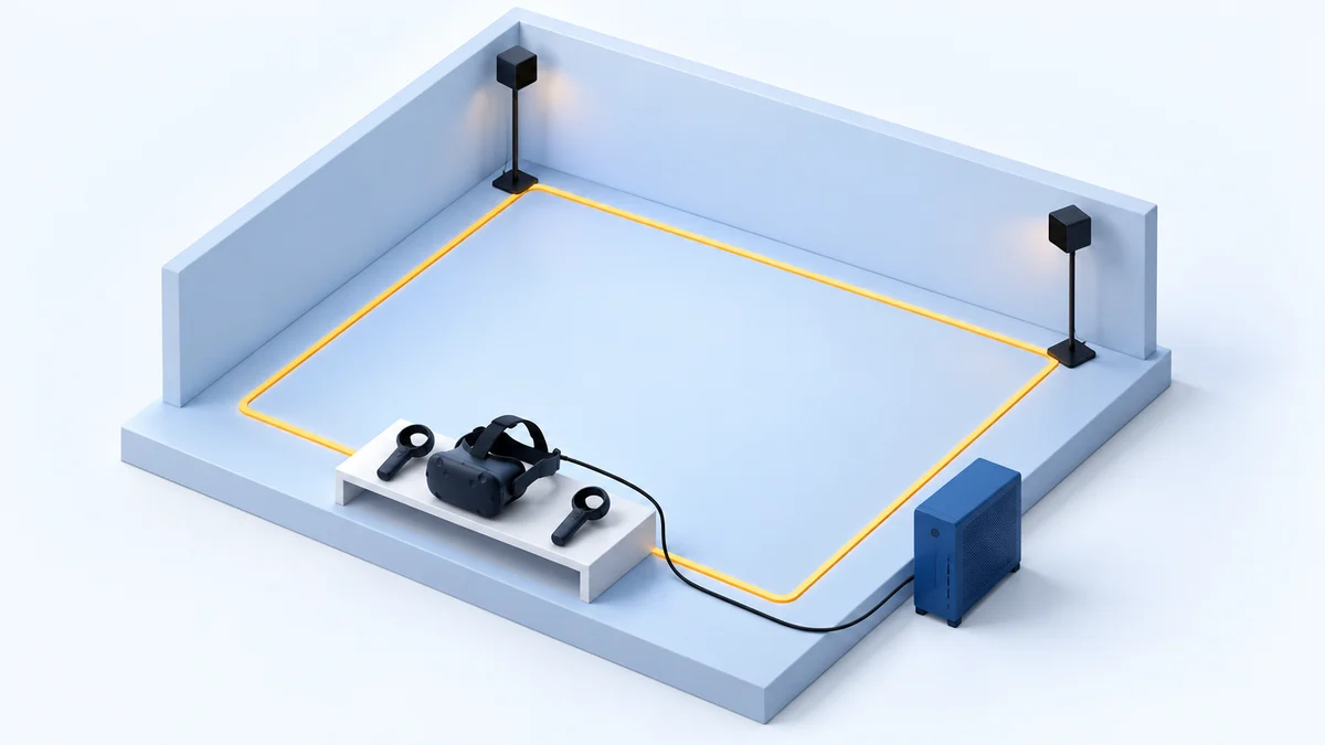 Concept illustration of an empty VR play area with an amber boundary, two tracking stations, a tethered headset, wand controllers and a PC tower.