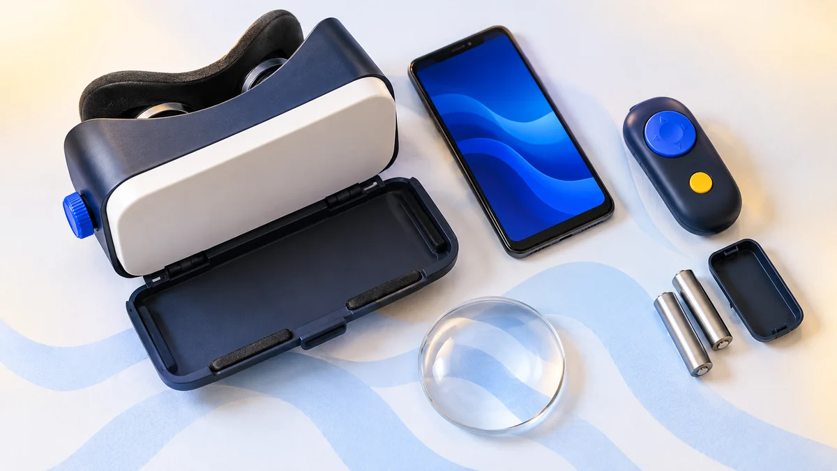 Concept illustration of a basic plastic phone VR viewer beside a smartphone, separate remote, two batteries and a clear lens over a wavy pattern.