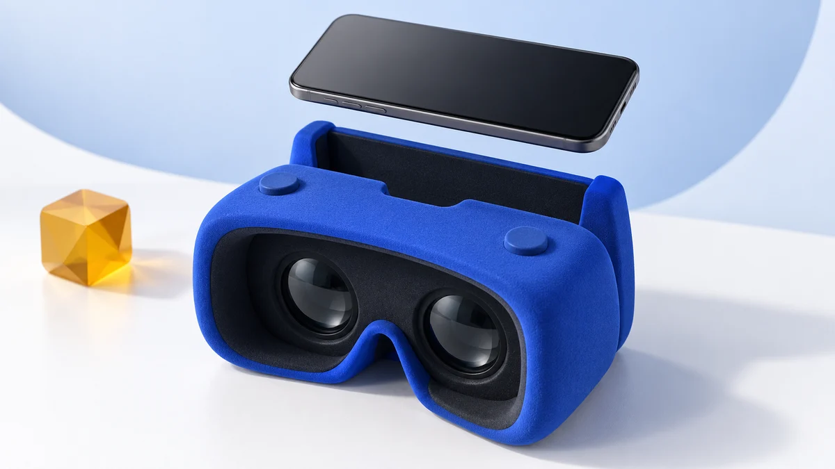 Concept illustration of a blue foam phone viewer with two top buttons and a smartphone hovering above its open sleeve.