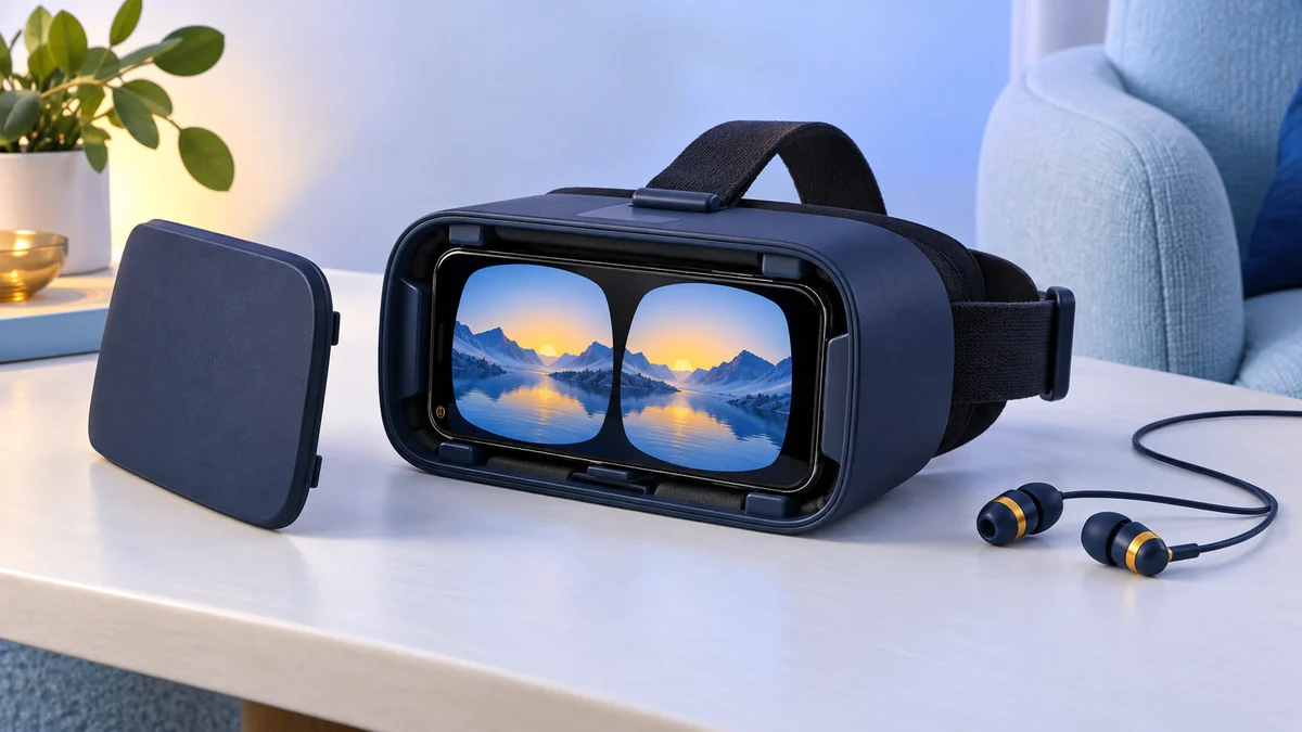 Concept illustration of a navy phone viewer with its front cover removed, a split-screen mountain video on the phone, and wired earbuds beside it.
