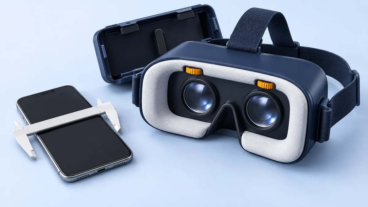 Concept illustration of a phone VR viewer with two amber lens-adjustment wheels and an open compartment beside a smartphone spanned by an unmarked caliper.