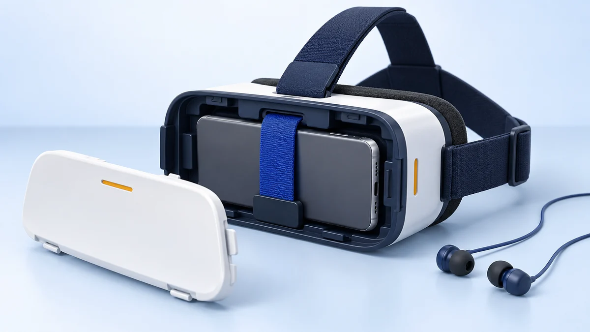 Concept illustration of an open phone VR viewer with a smartphone held by a blue retaining strap, a detached cover and separate wired earbuds.