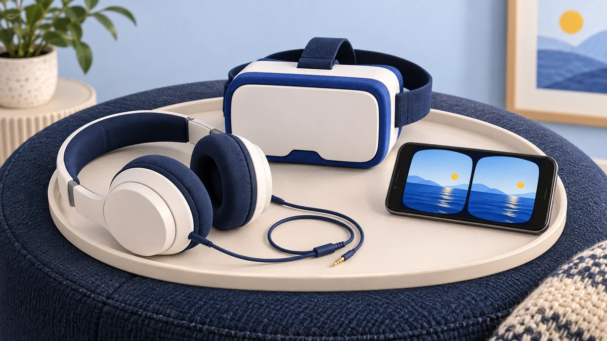 Concept illustration of a boxy phone VR viewer with separate over-ear headphones and a smartphone showing twin ocean panels on a tray.