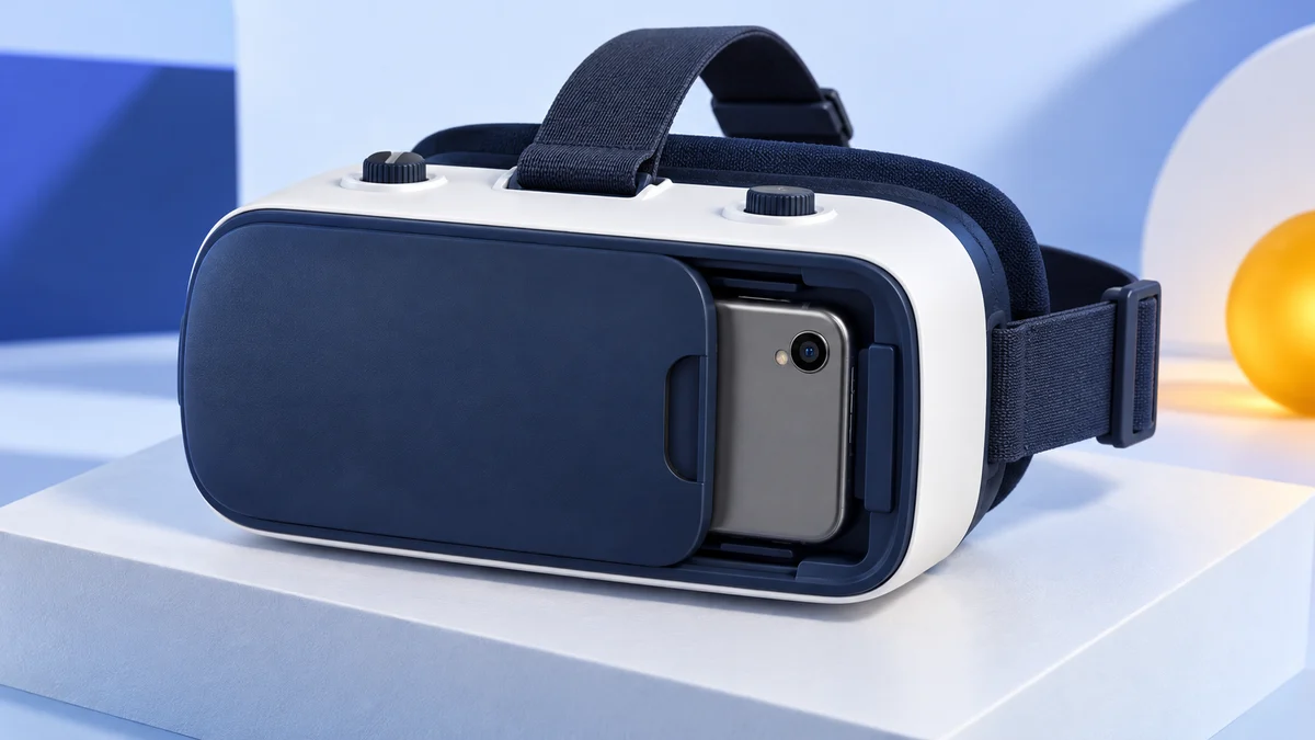 Concept illustration of a phone VR viewer with its camera cover slid aside, exposing a phone camera beside the adjustable lens dials.