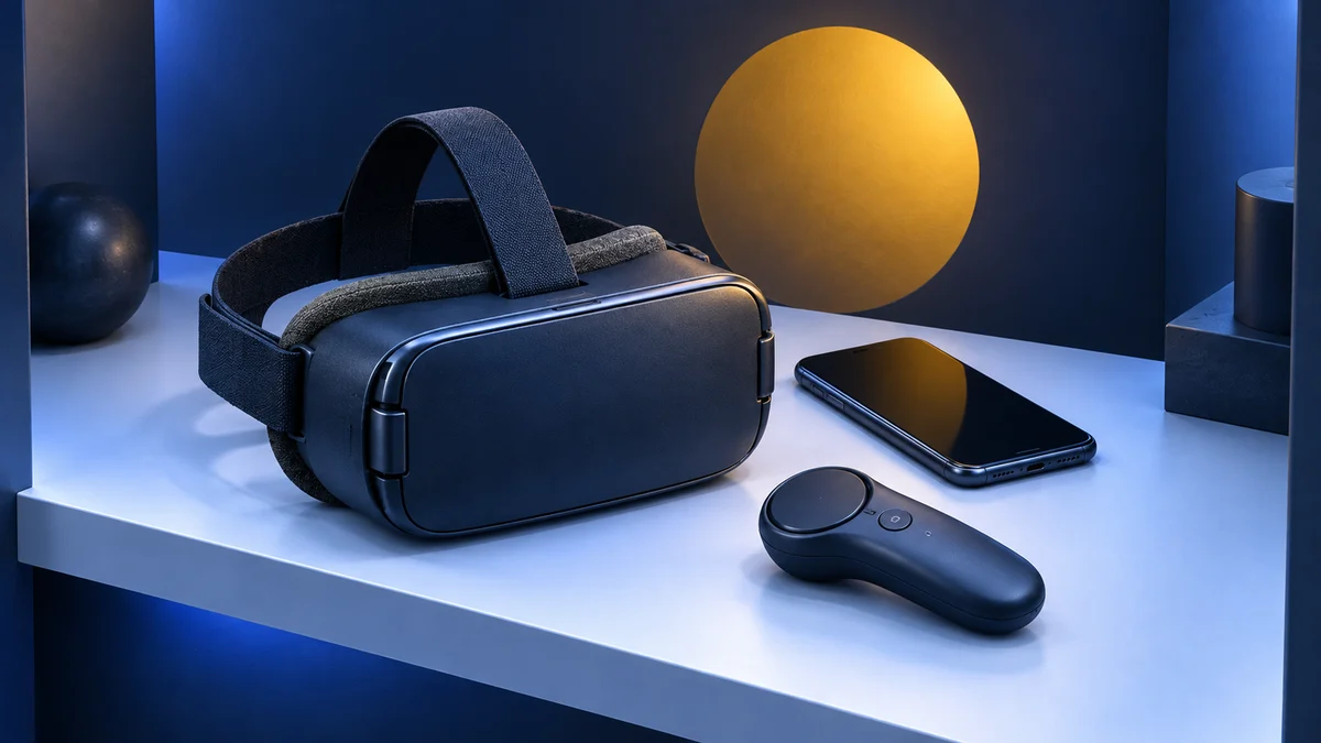 Concept illustration of a dark phone VR viewer, inactive smartphone and short wireless motion controller resting on a pale shelf in a navy alcove.