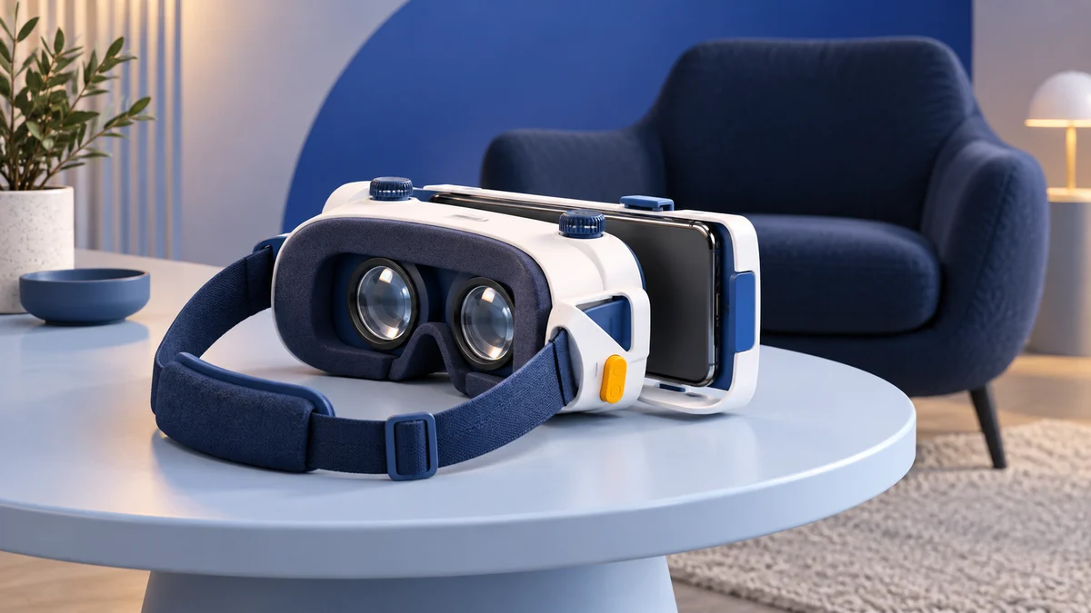 Concept illustration of a white phone VR viewer with exposed lenses, an open phone cradle and amber side trigger on a round table beside a navy lounge chair.