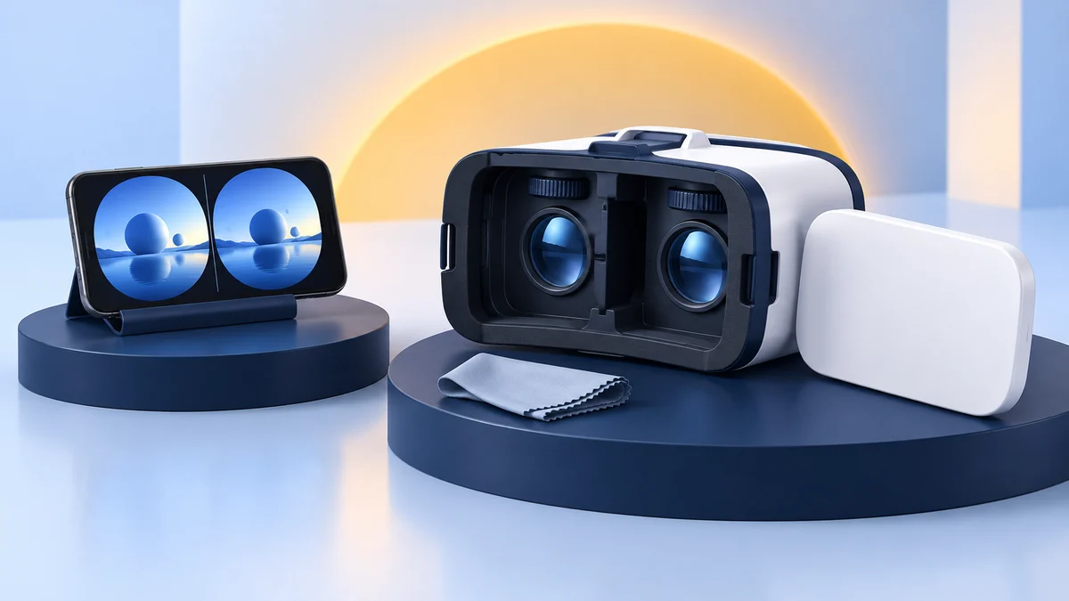 Concept illustration of an open phone VR viewer with focus dials and removed white cover beside a separate phone showing paired blue landscapes and a folded lens cloth.