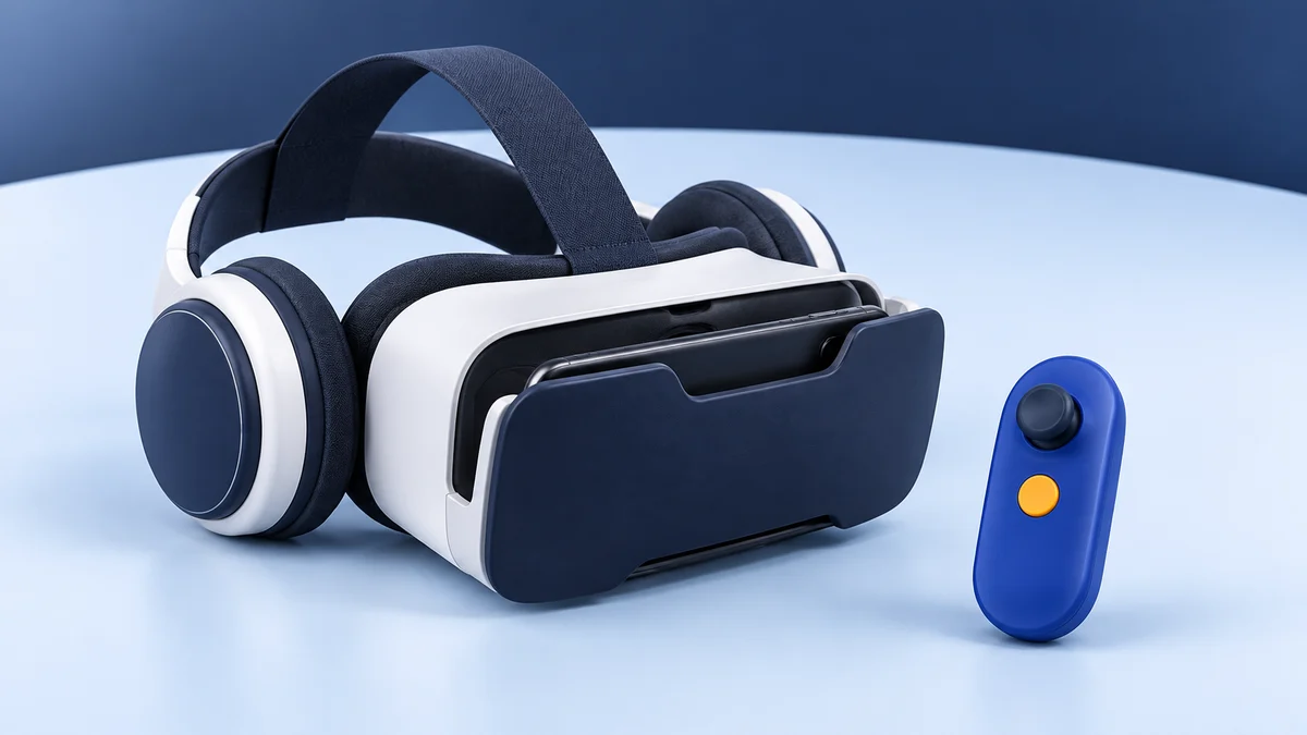 Concept illustration of a phone VR viewer with integrated earcups and a separate blue remote with an amber button.