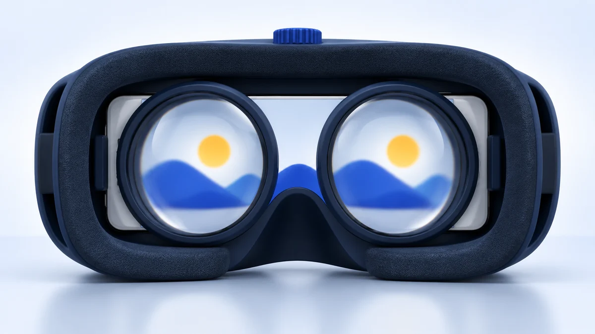 Concept illustration of two convex lenses in a phone VR viewer showing soft blue hills and yellow suns on the phone screen behind them.