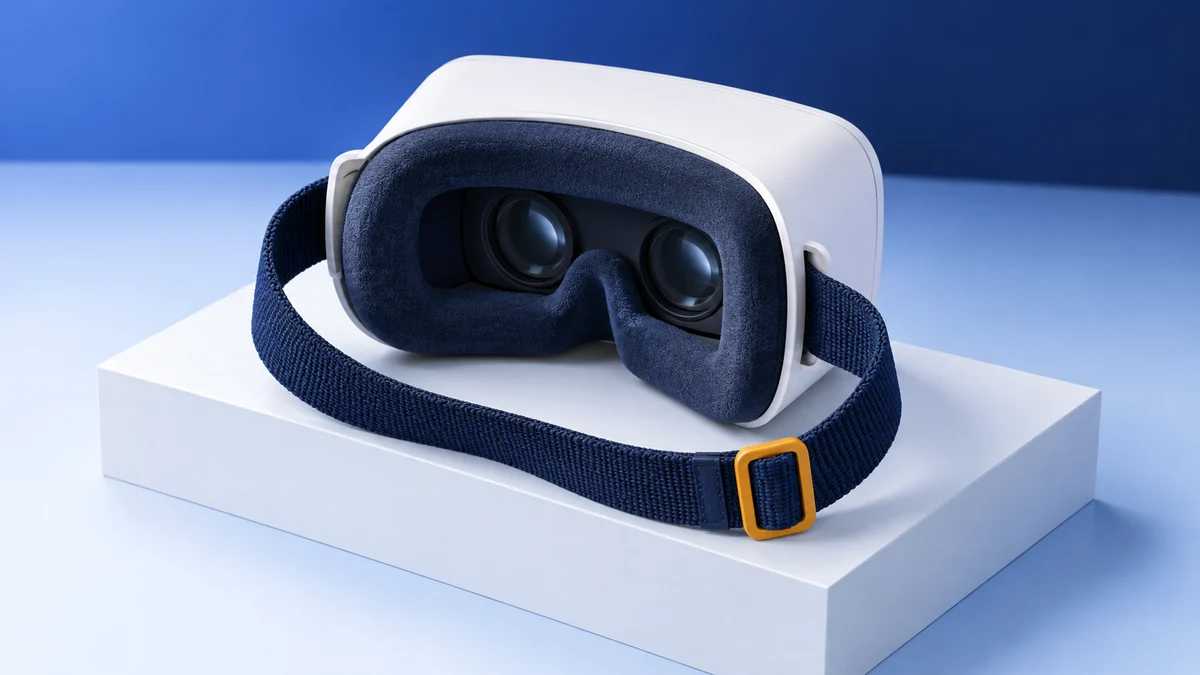 Concept illustration of a white phone VR viewer with thick navy face padding and a woven strap with an amber buckle on a low plinth.
