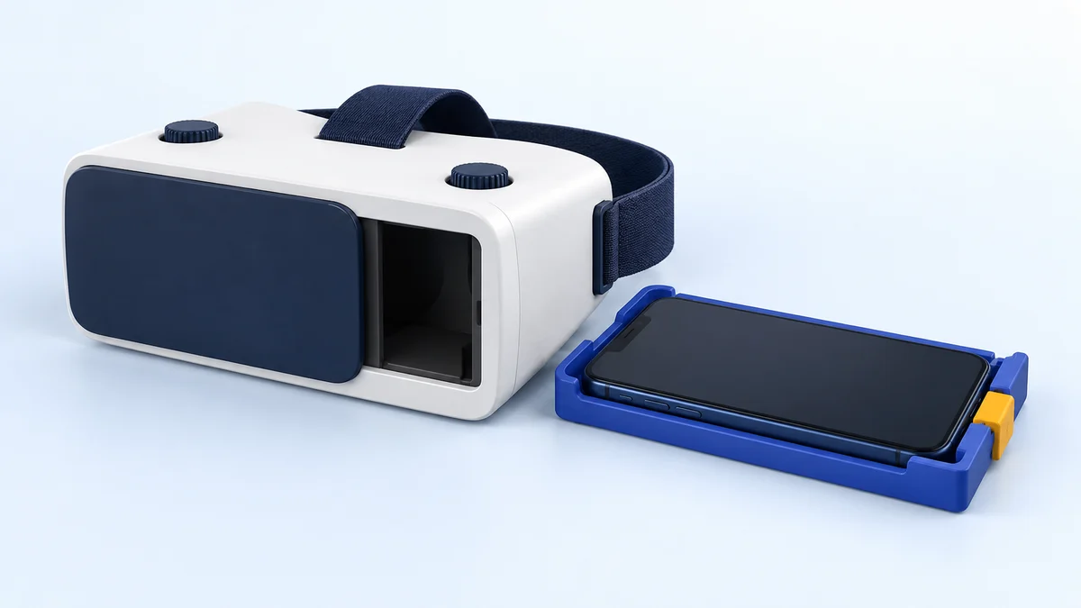 Concept illustration of an empty white phone VR viewer beside a withdrawn blue tray holding one smartphone, with the front window open.