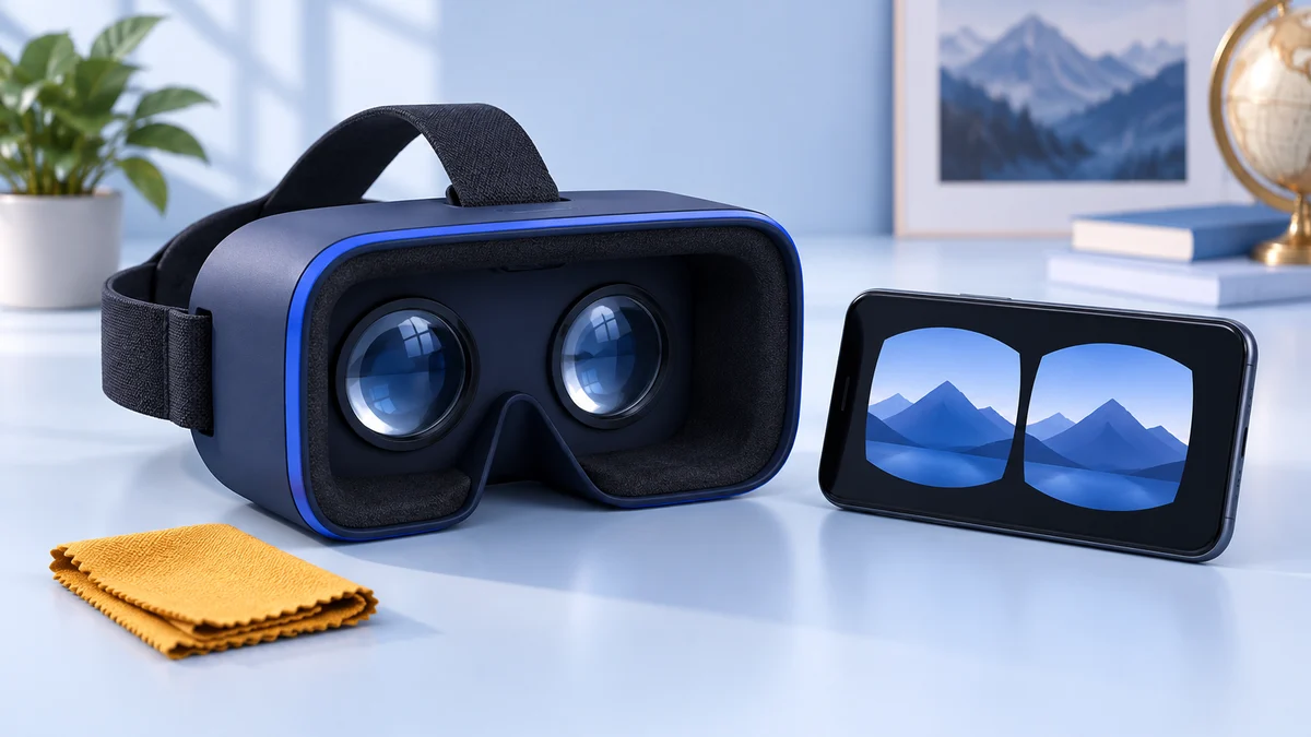 Concept illustration of a navy phone VR viewer with two fixed lenses beside a smartphone showing twin mountain views and an amber cleaning cloth.