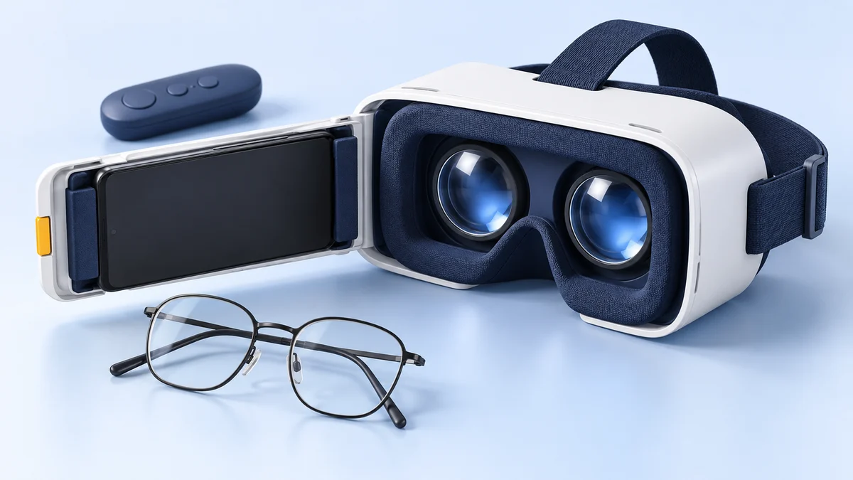 Concept illustration of a white phone VR viewer with a pulled-out smartphone tray, twin glass lenses, eyeglasses and a separate remote.