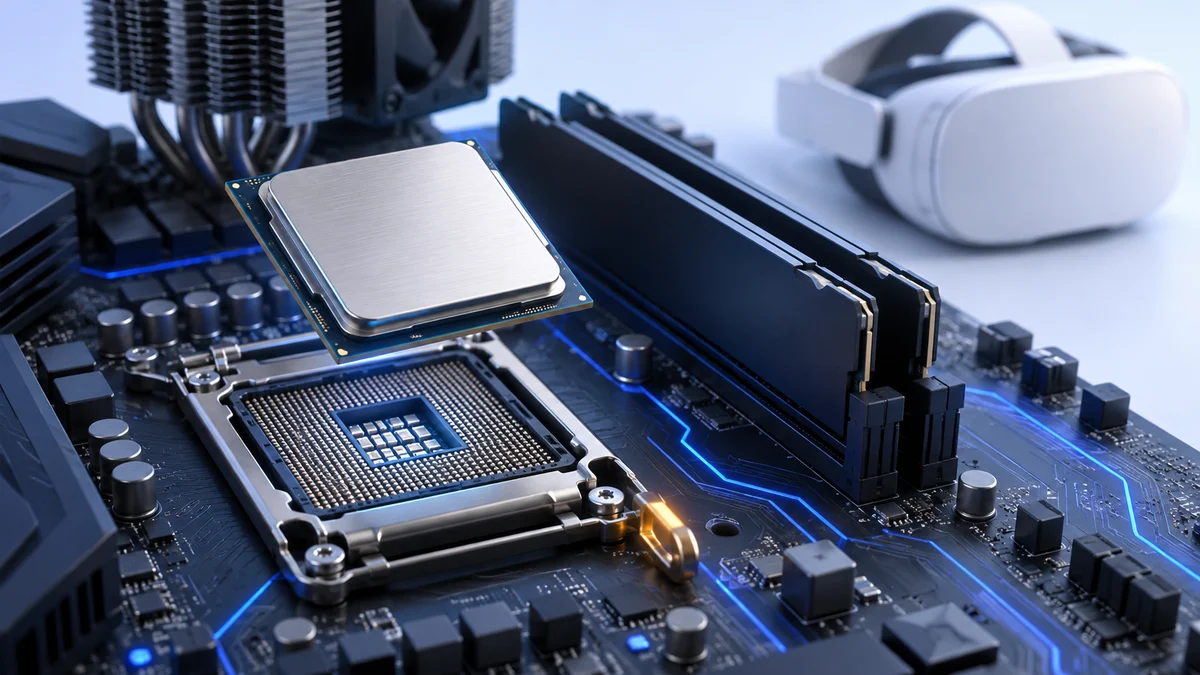 Concept illustration of a silver desktop processor hovering over an open motherboard socket beside RAM modules, a cooler and a VR headset.